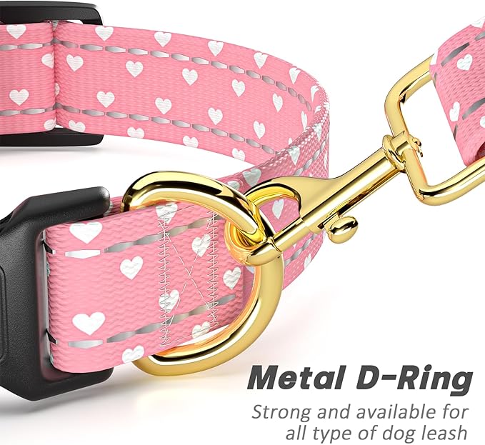 Reflective Dog Collar for Small Dogs, Cute Adjustable Heavy-Duty Nylon Puppy Collars for Boy and Girl Female, Soft Pet Accessories with Quick Release Buckle, Neck 10-16", Pink Hearts