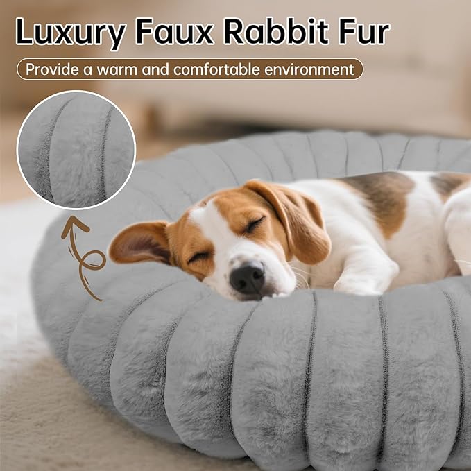 Vhen When Donut Dog and Cat Bed, Luxurious Comfortable Faux Rabbit Fur Pet Beds, Round Anti-Anxiety Calming Puppy Kitten Bed with Anti-Slip Bottom for Small Medium Dogs & Cats(36", Grey)