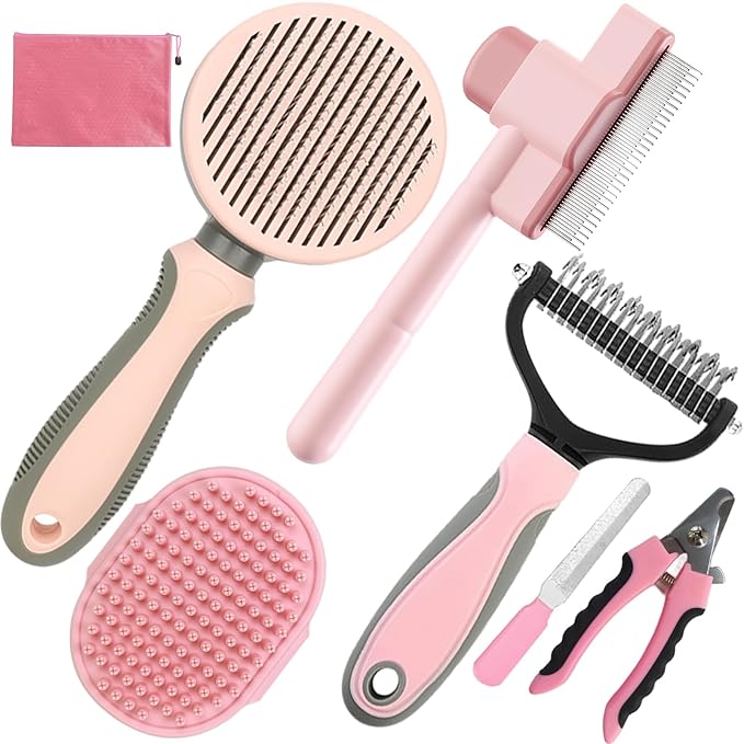 KUEIOX Pet Grooming Kit - 7 PCS Deshedding Brush Set with Slicker, Undercoat Rake, Bath Brush & Nail Clipper for Short & Long Haired Dogs, Cats (Pink)
