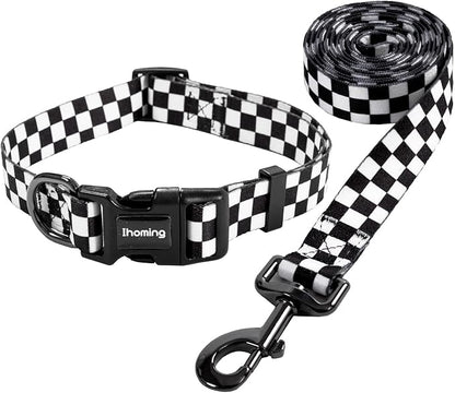 Ihoming Puppy Collar and Leash Set for Daily Outdoor Walking Running Training, Chess Board Design for Extra Small Boys Girls Dogs Cats Pets, XS-Up to 10LBS