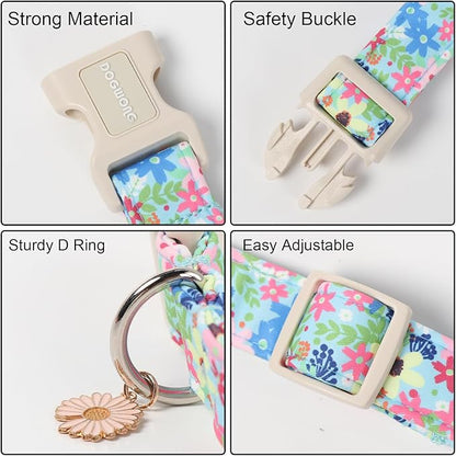 DOGWONG Cute Flower Printed Collar for Small Medium Large Dogs - Blue Floral Dog Collar for Girl Female Boy Dogs,XS