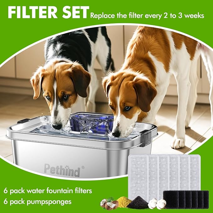 Pethind 6 Pack Dog Water Fountain Filters and 6 Pack Sponges, Suitable for Stainless Steel Dog Water Fountain (PF-SS-01/PF-SS-02/PF-SS-03/PF-SS-04), High Efficiency Filtration, Idividual Package