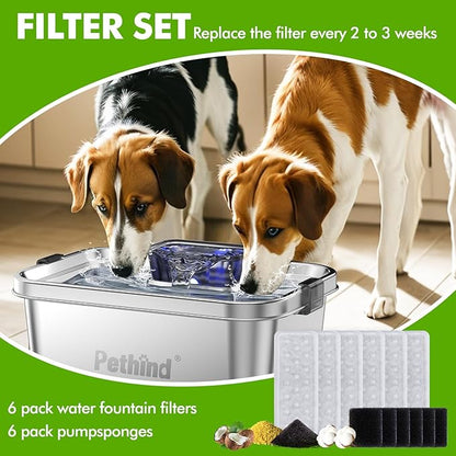 Pethind 6 Pack Dog Water Fountain Filters and 6 Pack Sponges, Suitable for Stainless Steel Dog Water Fountain (PF-SS-01/PF-SS-02/PF-SS-03/PF-SS-04), High Efficiency Filtration, Idividual Package