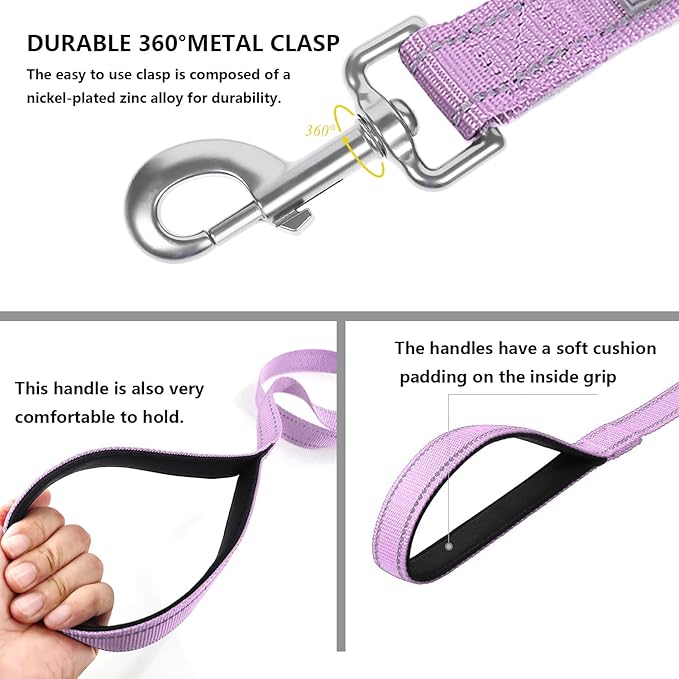 Reflective Dog Leash 6 FT Padded Handle Nylon Dogs Leashes for Large Dogs Lavender