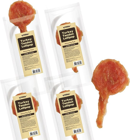 VITADAY Turkey Tendons for Dogs, All Natural, Healthy Dog Treats, Long Lasting, Hypoallergenic Dog Chews, Rawhide Free, USA-Sourced, for All Dogs, Lollipop, 4 Count Pack