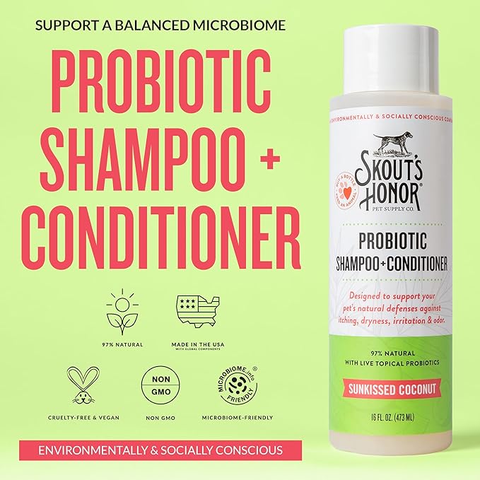 Skout’s Honor Probiotic Natural Dog Shampoo and Conditioner with Avocado Oil & Omega-3s, Gentle Puppy Shampoo, Hydrating Dog Conditioner, 97% Natural, Paraben & Sulfate-Free, Cruelty-Free, 16 oz