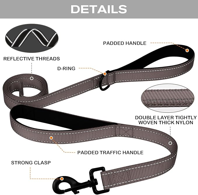 Joytale Dog Leash Heavy Duty for Large Dogs That Pull, Double Handle for Traffic Control, Double-Sided Reflective Leashes for Large Medium Dogs Night Safety, 4FT, Brown