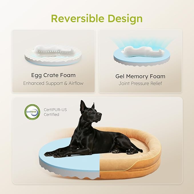 CWAWZ XXL Orthopedic Dog Bed, 53 in. Dog Bed for Large Sized Dogs with Full-Surround Bolsters, Dual-Sided Dog Cooling Beds with Memory Foam, Washable Pet Sofa Couch with Nonslip Bottom, Brown