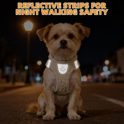 KOOLTAIL Plush Small Dog Harness and Leash Set, Warm Fleece No Pull Puppy Vest for Winter, Lightweight Reflective Step in Pet Harness for Medium Sized Dogs Boy Girl Outdoor Walking Cute Soft, Beige M