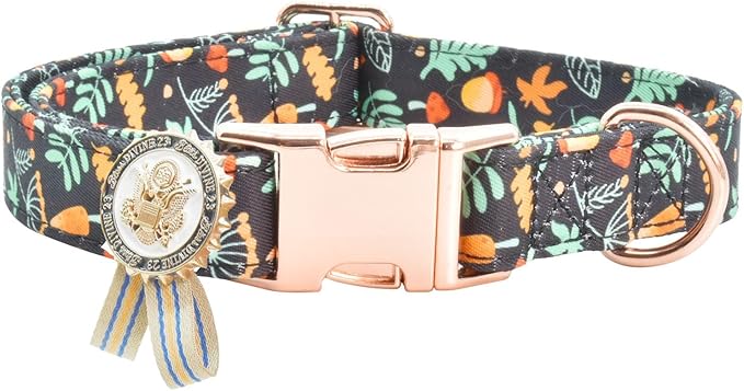 Metal Buckle Dog Collar with Dedals, 3-Size Comfortable Adjustable Cotton Dog Collar for Small, Medium, Large Male Female Dogs (Foliage, L(15-23in))