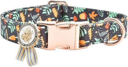 Metal Buckle Dog Collar with Dedals, 3-Size Comfortable Adjustable Cotton Dog Collar for Small, Medium, Large Male Female Dogs (Foliage, L(15-23in))