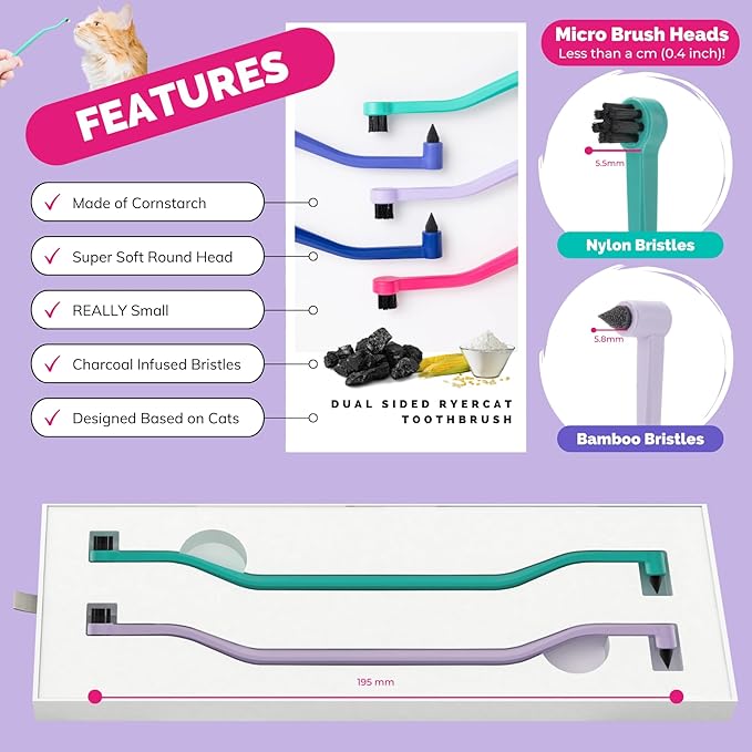 RYERCAT Set of 2 Dual Sided Cat Toothbrush - Kitten Toothbrush with Micro Head to fit into Cat/Kittens Mouth - Cat Dental Care Supplies - Pet Toothbrush for Cats(Lavender Purple & Ocean Blue)
