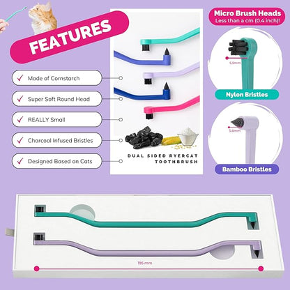 RYERCAT Set of 2 Dual Sided Cat Toothbrush - Kitten Toothbrush with Micro Head to fit into Cat/Kittens Mouth - Cat Dental Care Supplies - Pet Toothbrush for Cats(Lavender Purple & Ocean Blue)