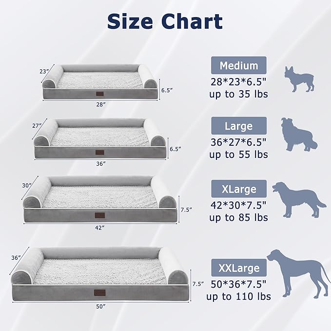 WESTERN HOME Large Dog Bed, Orthopedic Dog Beds with Waterproof Lining, XL Pet Couch with Removable Washable Cover and Nonskid Bottom, Grey