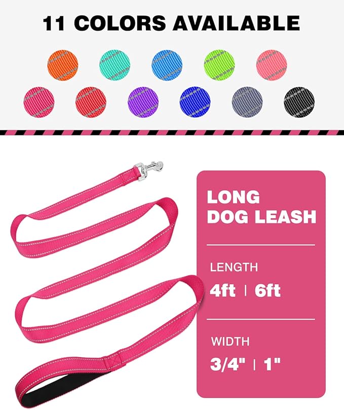 6FT Reflective Nylon Dog Leash with Soft Padded Handle for Walking, Running and Training, Supports Small Medium and Large Dogs (Hotpink, 3/4Inch Wide)