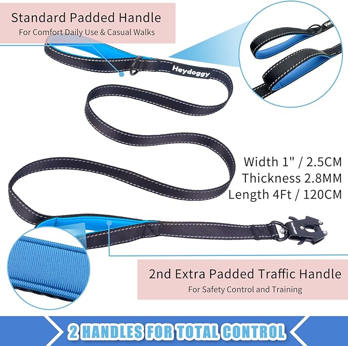 Strong Heavy Duty Dog Leash - 4ft Reflective Nylon Training Leash with Soft Padded Double Handle & Auto Lock Frog Clip - Safety Traffic Control for Large Medium Small Dogs No Pull Walk Black Blue,4ft