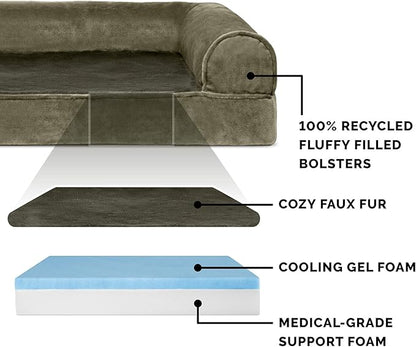Furhaven Cooling Gel Dog Bed for Medium/Small Dogs w/ Removable Bolsters & Washable Cover, For Dogs Up to 35 lbs - Faux Fur & Velvet Sofa - Dark Sage, Medium