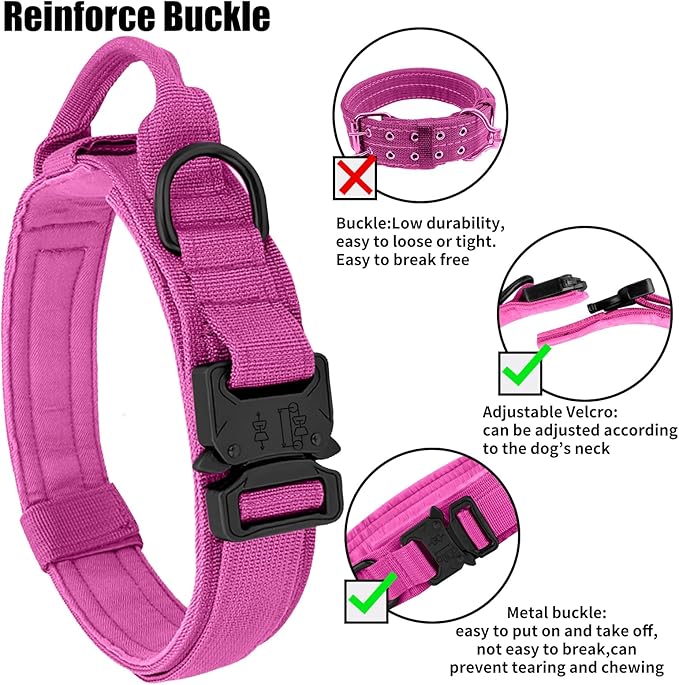 Tactical Dog Collar - Adjustable Heavy Duty Metal Buckle Nylon Collar with Control Handle for Small, Medium, Large Dogs (Pink, L)