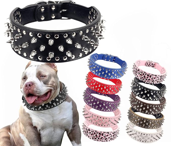 Hoot PU Leather Adjustable Spiked Studded Dog Collar 2" Wide 37 Spikes (M(Neck 19"-22"), Black)