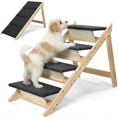 Dog Stairs/Steps, 2-in-1 Foldable Wooden Pet Stairs, Wood Frames and Non-Slip Carpet Suitable for High Beds, Car, Couch, Durable Wooden Dog Stairs for Small Medium and Large Dogs,4 Steps