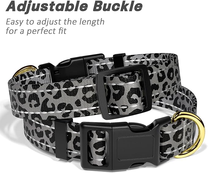 Reflective Dog Collar for Medium Dogs, Cute Leopard Style Adjustable Heavy-Duty Nylon Puppy Collar for Boy and Girl Female, Soft Pet Accessories with Quick Release Buckle, Gray