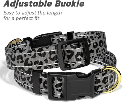 Reflective Dog Collar for Small Dogs Cats, Cute Leopard Style Adjustable Heavy-Duty Nylon Puppy Collar for Boy and Girl Female, Soft Pet Accessories with Quick Release Buckle, Gray