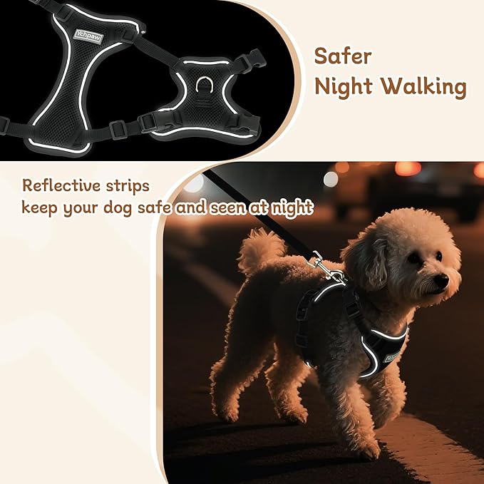 Small Dog Harness and Leash Set, Reflective Soft Breathable Mesh Vest, 3 Buckles, Adjustable Neck and Chest,Step in Dog Harness for Walking, Running, Training, Black, XS
