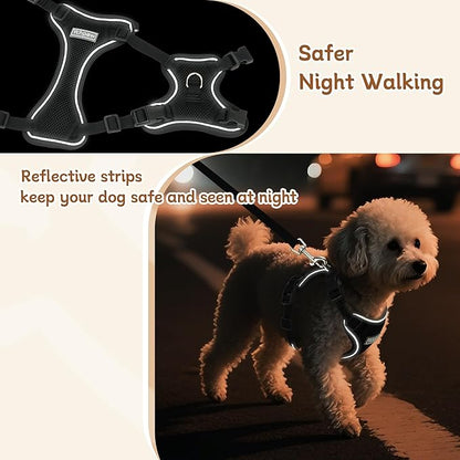Small Dog Harness and Leash Set, Reflective Soft Breathable Mesh Vest, 3 Buckles, Adjustable Neck and Chest,Step in Dog Harness for Walking, Running, Training, Black, XS