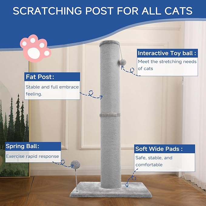 Cat Scratching Post Carpet Scratching Post 41" for Indoor Cats, Tall Cat Scratch Post, Carpet Cats Scratcher with Replaceable Toys, Sturdy Base, Large, Light Gray