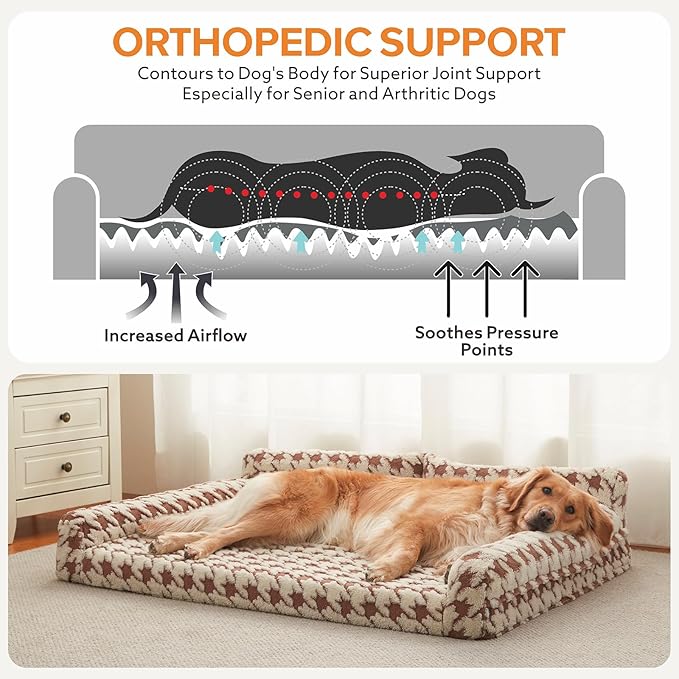 FURTIME Orthopedic Dog Bed Medium Size Dog, Medium Washable Memory Foam Pet Couch Bed with Removable Washable Cover, Non-Slip Bottom with Bolster Sides, Brown