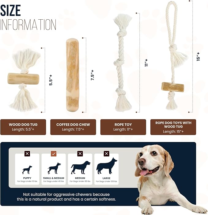 4 Pack Real Coffee Wood Stick for Dogs 15-40 lbs, Puppy Teething Toys, 100% Natural Puppy Wood Chew Toys, Stress Relief - Woodden Bones for Dogs - Natural Rope Toys