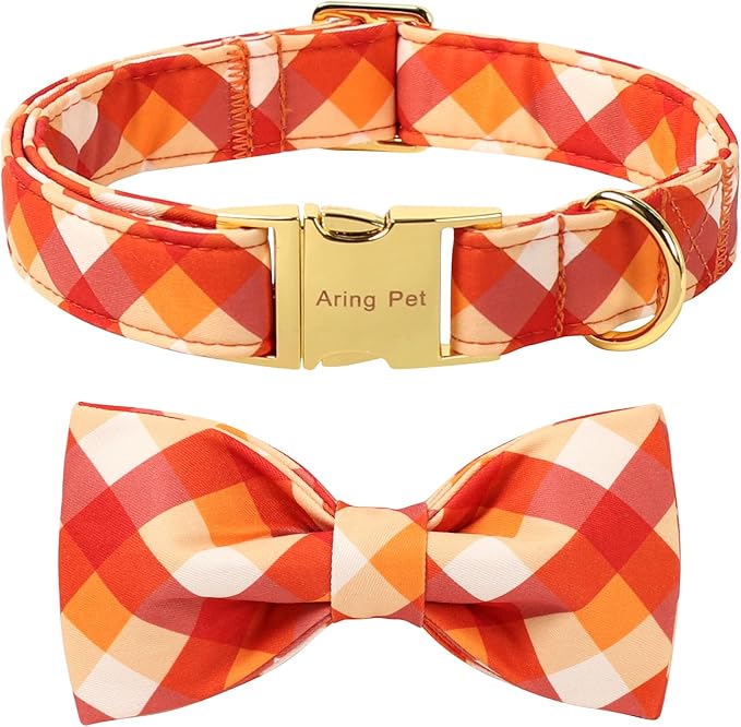 ARING PET Fall Dog Collar with Bow, Halloween Orange Grid Cute Pet Collars with Quick Release Buckle for Puppy Small Medium Large Girl Boy Dogs-XL