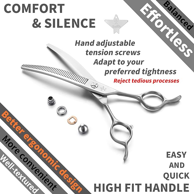 High-end Professional Dog Grooming Curved Thinning Scissors Teeth Blending Shears Pet Texturizing Thinner Blender Shears 7 Inch Extremely Very Sharp Made Of Stainless Steel Alloy For Dog Cat Groomer