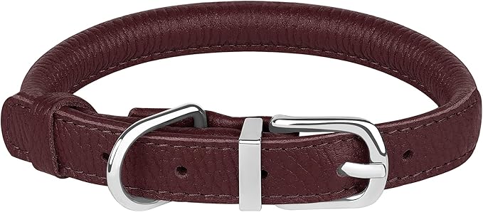 OOPSDOGGY Rolled Leather Dog Collar Soft Roll Collars for Small Medium Large Dogs Puppy (Burgundy, L, 14"-18")
