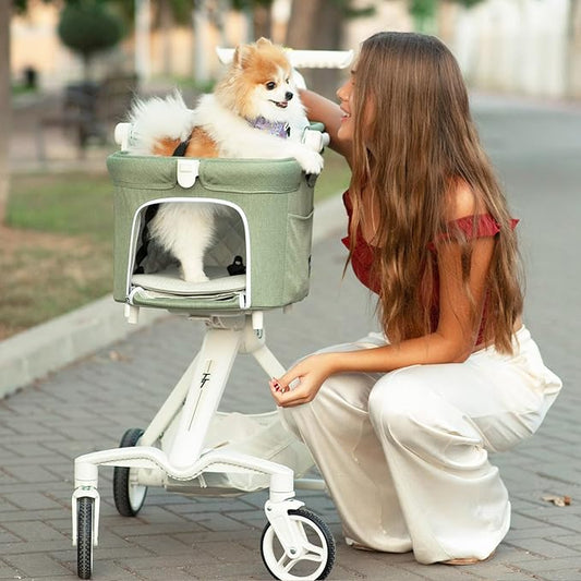 Beberoad Pets TT Lightweight Pet Stroller for Small Dogs & Cats - 4-Way Installation Carrier, One-Hand Fold, 180° Canopy Cover & Adjustable Handle (Green)