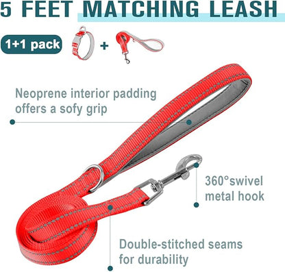 Dog Collar for Medium Small Large Dogs Reflective with Leash,Collar and Leash for Dogs,Soft Neoprene Padded 2 Pack(Red,XS)