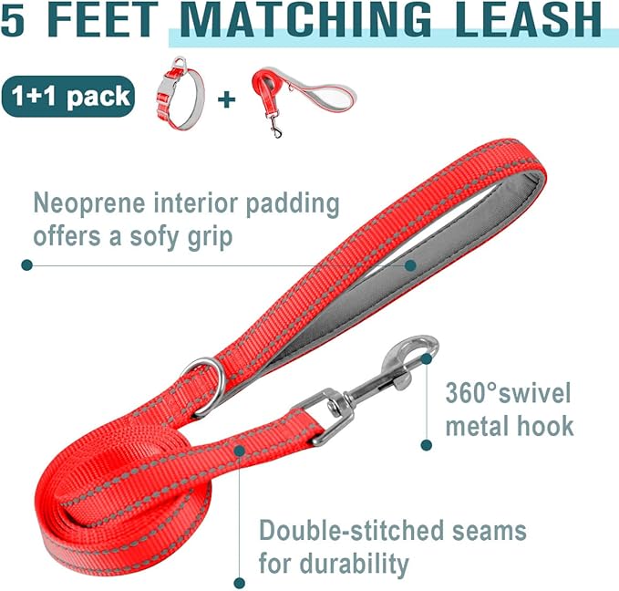 Dog Collar for Medium Small Large Dogs Reflective with Leash,Collar and Leash for Dogs,Soft Neoprene Padded 2 Pack(Red,M)