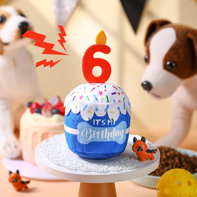 Dog Birthday Cake Toy Accessories for Girl Boy Gifts, Squeaky Plush Toy for Dog Birthday Party Decor Favor for Large, Medium and Small Dogs(6th,Blue)