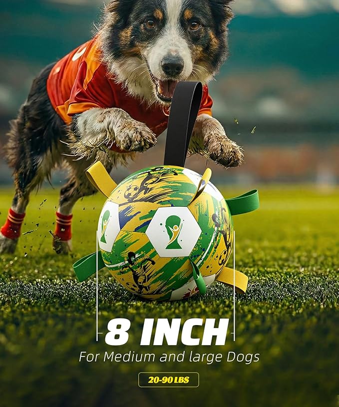 HETOO Dog Toys Ball, Dog Soccer Ball with Straps, Herding Ball for Large Medium Dogs, Rubber Bright Color Tug of War Interactive Toy, Water & Pool Play, for World Cup 2026 Theme, 8 inch