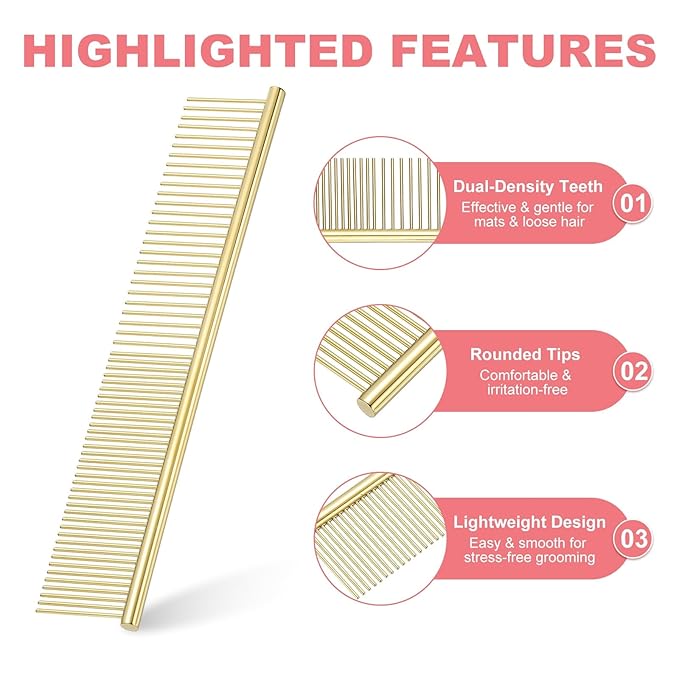 PETAXCELL Dog Cat Comb, Pet Combs Stainless Steel Teeth with Rounded Ends for Knots Mats Loose Hair Removal, 7.5IN (Gold Plated, 3 Pack), Grooming Tool Intended for Long Curly Hair Pet