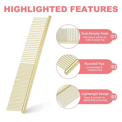 PETAXCELL Dog Cat Comb, Pet Combs Stainless Steel Teeth with Rounded Ends for Knots Mats Loose Hair Removal, 7.5IN (Gold Plated, 3 Pack), Grooming Tool Intended for Long Curly Hair Pet