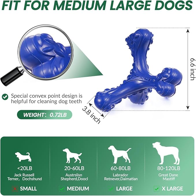 CVALIN Dog Chew Toys for Aggressive Chewers Large Breed,Indestructible Bones Toy，Durable Cleaning Toothbrush Natural Rubber Dog Toys… (Deep Blue)