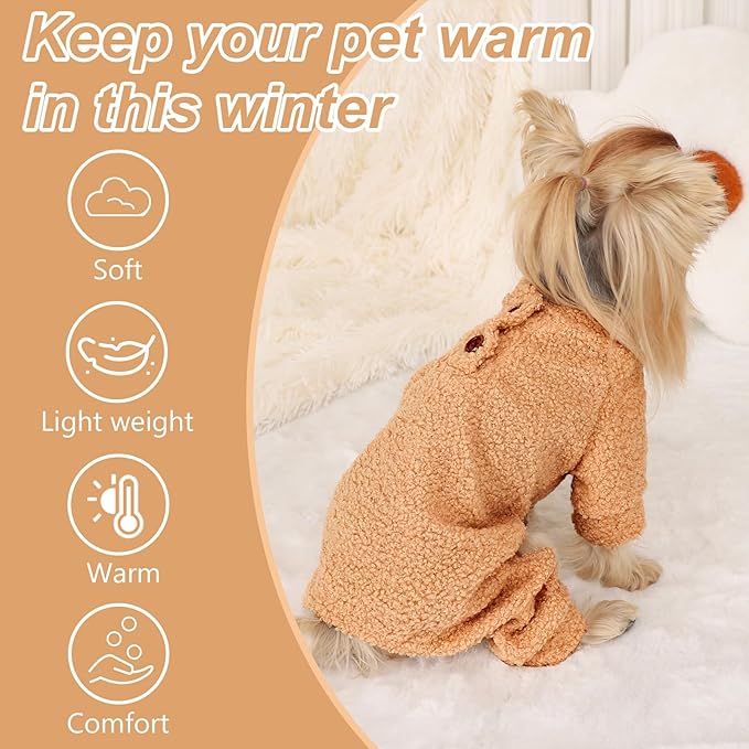 Dog Sweaters for Small Dogs Winter Dog Pajamas Sized Dogs Boy Girl Fleece Pet Clothes Puppy Outfit 4 Legs Jumpsuits for Chihuahua Yorkie Cat Apparel, Khaki, M