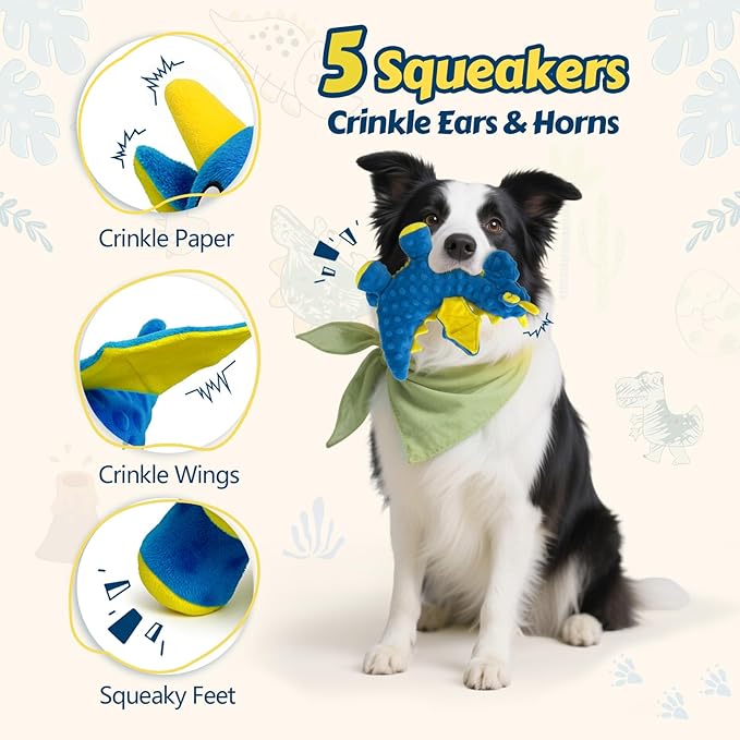 BBeary Squeaky Dog Toys - Soft Plush Dragon Dog Toy with 5 Squeakers & Crinkle Paper, Dog Toys for Small, Medium and Large Dogs (Blue,10")