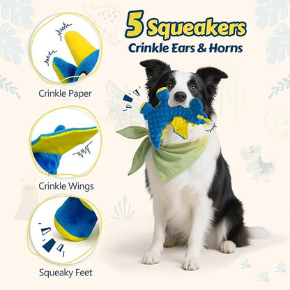 BBeary Squeaky Dog Toys - Soft Plush Dragon Dog Toy with 5 Squeakers & Crinkle Paper, Dog Toys for Small, Medium and Large Dogs (Blue,10")
