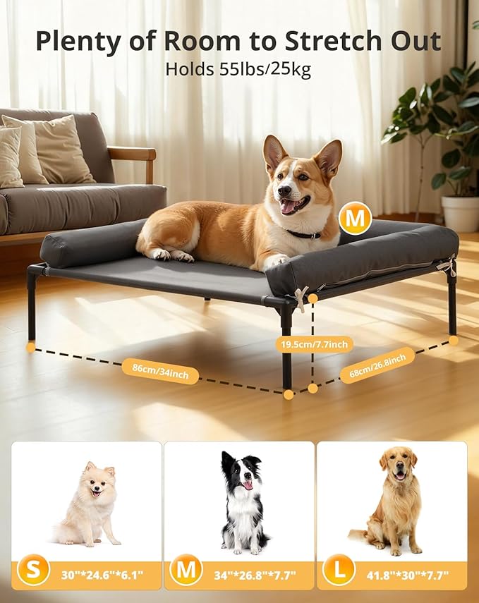 Cooling Elevated Dog Bed, 26.8x34 Raised Dog Bed with Removable Bolster Cushion, Breathable Mesh, Non-Slip Feet, and Metal Frame for Medium Breeds Indoor Outdoor