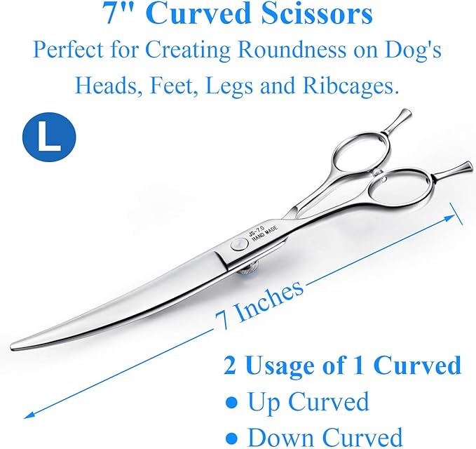 JASON Left Handed 7" Dog Grooming Scissors Set, 3 in 1 Ergonomic Blending, Curved, Straight Cat Pet Hair Trimming Thinning Professional Kits with Offset Handle and a Jeweled Screw Christmas Gift