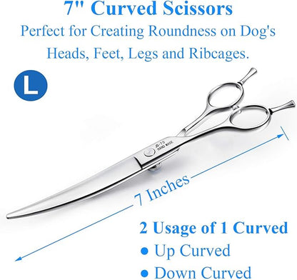 JASON Left Handed 7" Dog Grooming Scissors Set, 3 in 1 Ergonomic Blending, Curved, Straight Cat Pet Hair Trimming Thinning Professional Kits with Offset Handle and a Jeweled Screw Christmas Gift