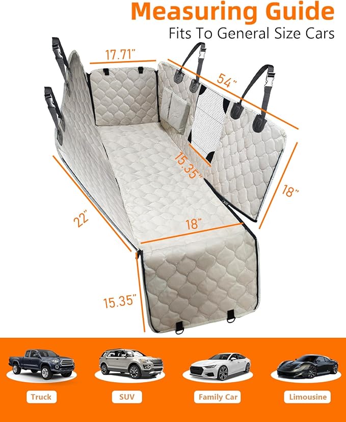 PETICON Dog Car Seat Cover with Mesh Window, 100% Waterproof Pet Seat Cover for Back Seat, Scratchproof Dog Hammock for Cars, Trucks, SUVs, Jeeps, Beige