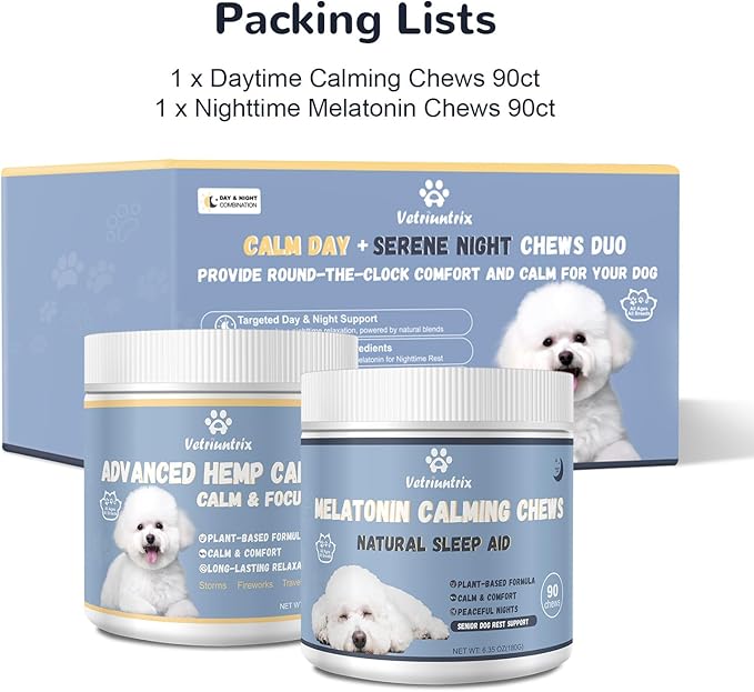 Vetriuntrix Calming Chews with Melatonin Set, Dog Calming Soft Chews for Fireworks, Storms, Thunder, Barking, Separation